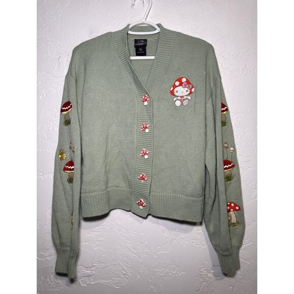 Hello Kitty mushroom embroidered sweater cardigan womens small goth emo hippie - Picture 1 of 8